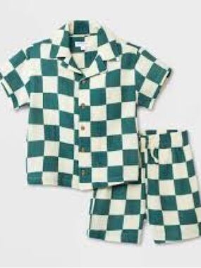 Grayson Mini toddler boys green and white checkered button down and shorts set
